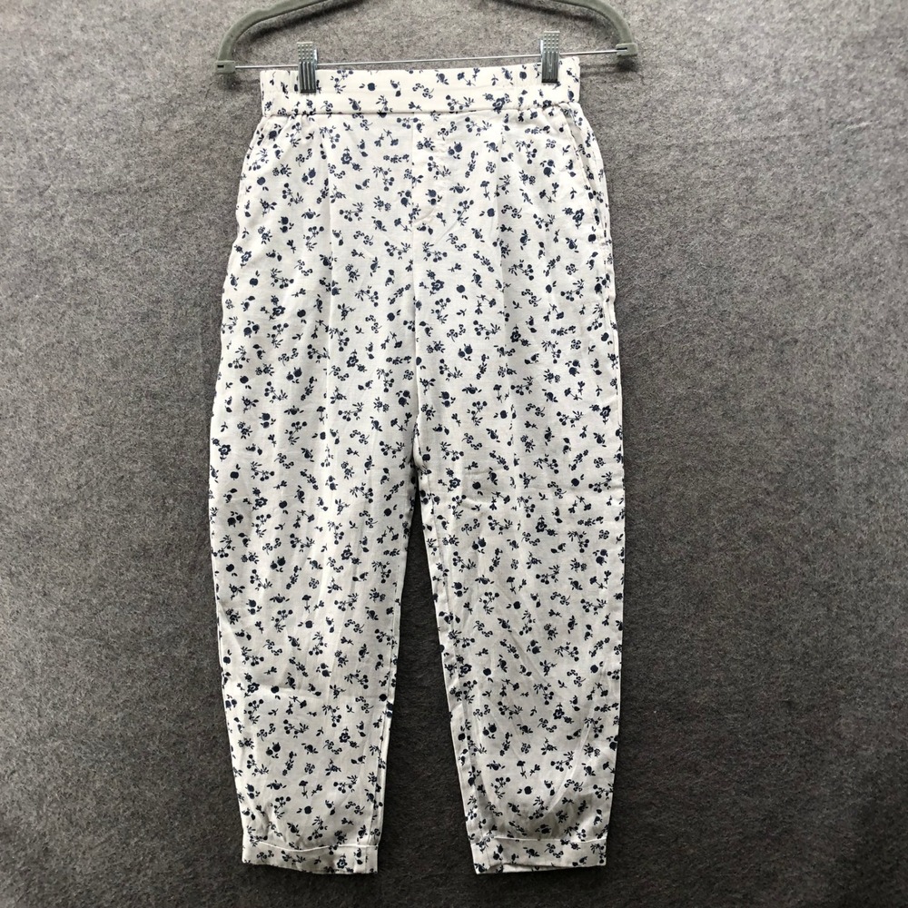 United Colors of Benetton Pure Linen Pull On Pants Womens XS White Floral Ankle